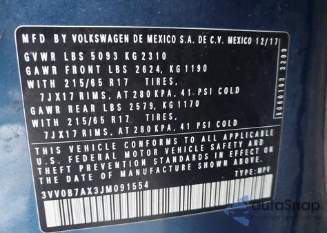 2018 Volkswagen Tiguan 2.0T S z USA, uszkodzony, nr VIN 3VV0B7AX3JM091554